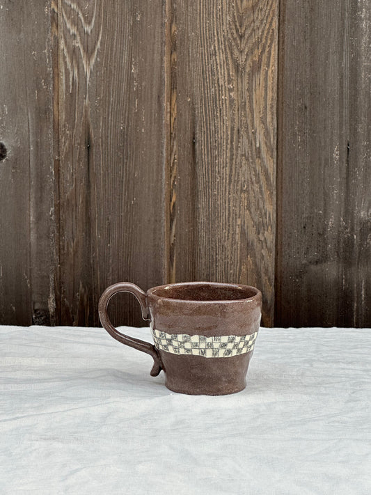 coffee clay mug with white clay inlay and black pencil check *prototype